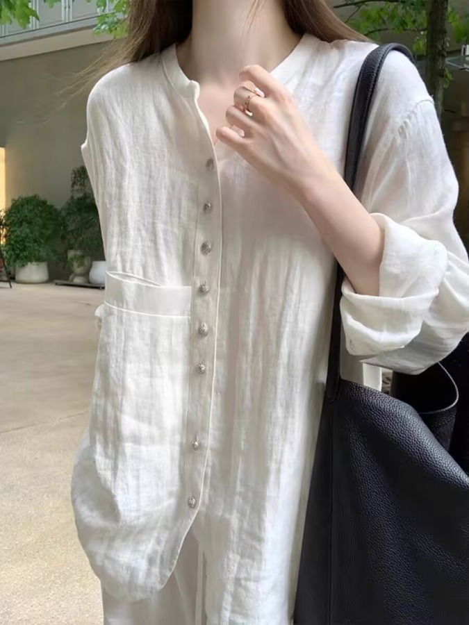 Vintage Fashion Meaning - Camicia/Cappotto da Donna in Lino Bianco